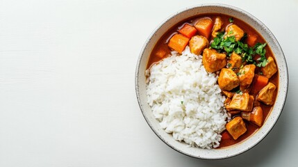 A bowl of Japanese curry rice with chicken and vegetables, placed on a clean white surface, perfect for adding a caption or ad text.