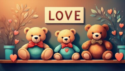 Fototapeta premium three teddy bears sitting on a shelf with a sign that says love above them