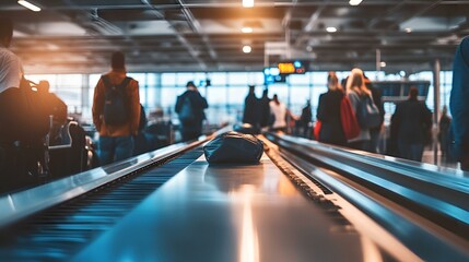 Busy airport baggage claim area with travelers waiting for luggage on conveyor belt under warm lighting