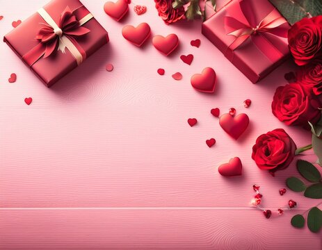 beautiful valentine day background with gift box ribbon red hearts presents roses and copy space concept by ai generated free photo