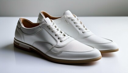 close up of a pair of stylish white shoes positioned on a clean white background highlighting the design and details of the white shoes for a minimalist look perfect for fashion related themes