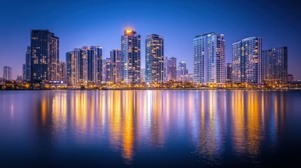 Obraz premium Illuminated Cityscape Reflections: A Stunning Urban Night Scene