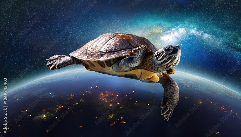 Aufkleber Floating Through Cosmic Wonders a Turtle Explores Astral Spaces Beyond Earth