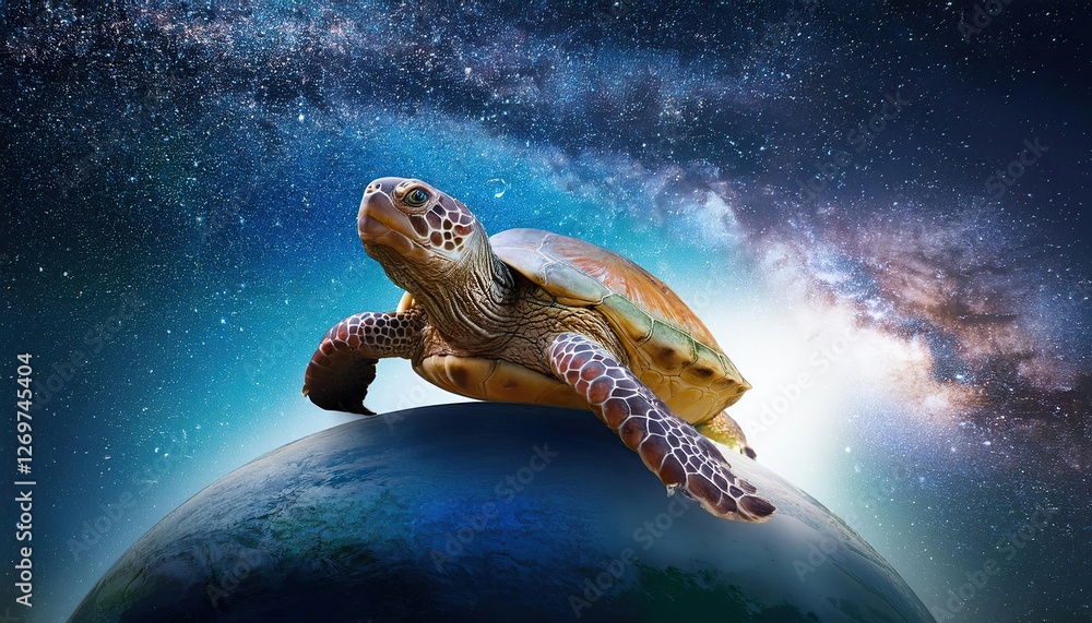 Poster turtle gliding through the cosmic ocean of astral space under a starry sky