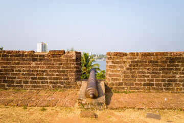 Fortifications above the ocean at Kannur in Asia, India, Kerala, Kannur, in summer, on a sunny day.