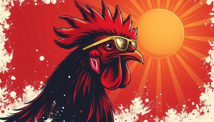 Bold Rooster with Gold Glasses in Fiery Sunset Background