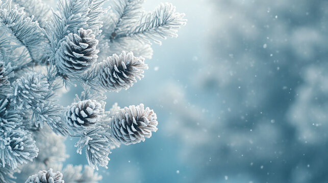 Frosted pine branches with snow-dusted pine cones on blue background - winter holiday nature frame for christmas and seasonal designs. - Powered by Adobe