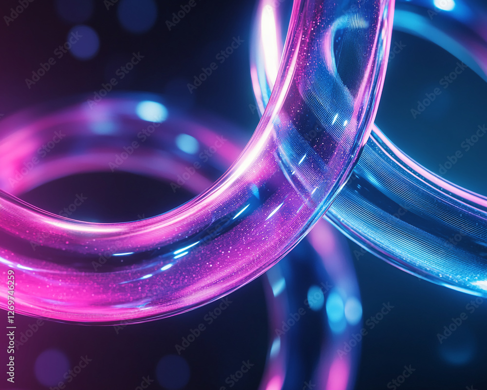 Poster close-up of two interlocking translucent loops in glowing pink and blue neon light, symbolizing conn