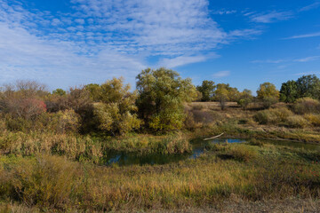 Autumn landscape with stream and blue sky