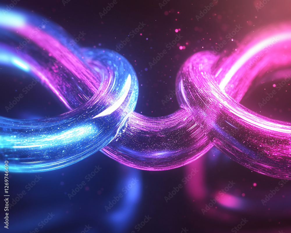 Poster Close-up view of two glowing neon pink and blue loops intertwined, symbolizing connection and unity in a futuristic digital space with vibrant energy and light effects.