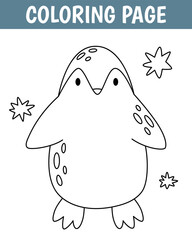 Animal coloring page, cute print with line penguin. Printable worksheet with solution for school and preschool. Vector illustration