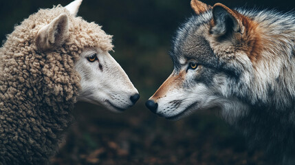 Closeup portraits of a sheep and wolf looking face to face to each other.
