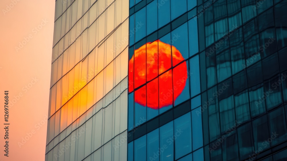 Poster sunset reflection on modern building facade