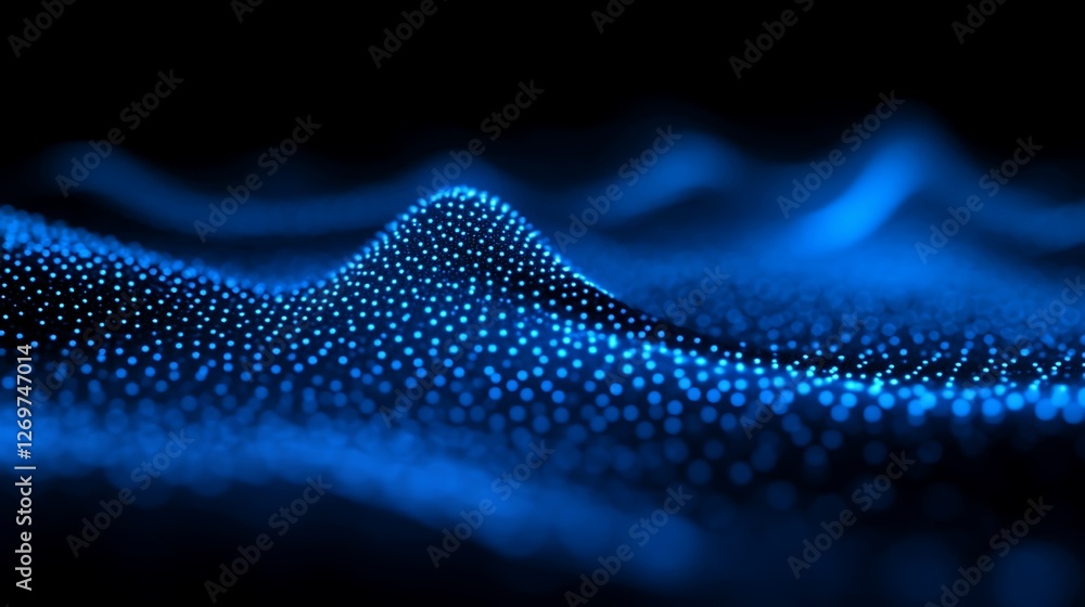 Poster dynamic blue particle wave visualizes abstract data flowing smoothly
