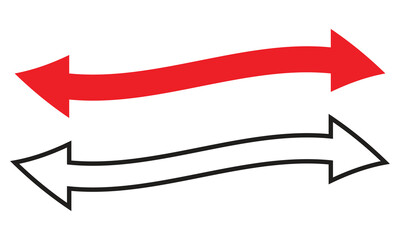 Double Headed red and white Curve Arrow icon set. Curved thin long double headed arrow. Double ended arrow illustration. Dual sided curved arc arrow shape. 