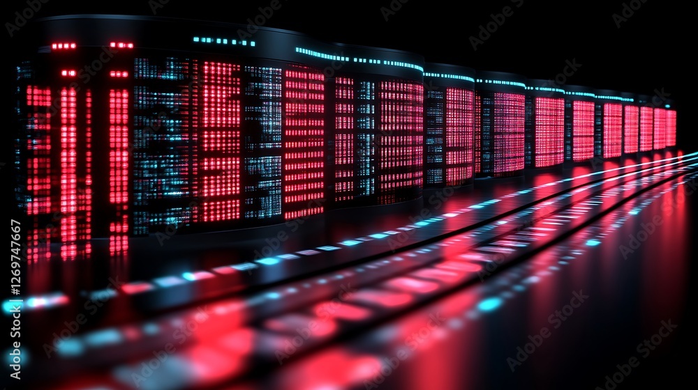 Poster illuminated data center, a network of high-performance server racks