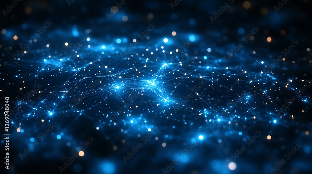 Poster interconnected network of glowing points and lines in deep blue space
