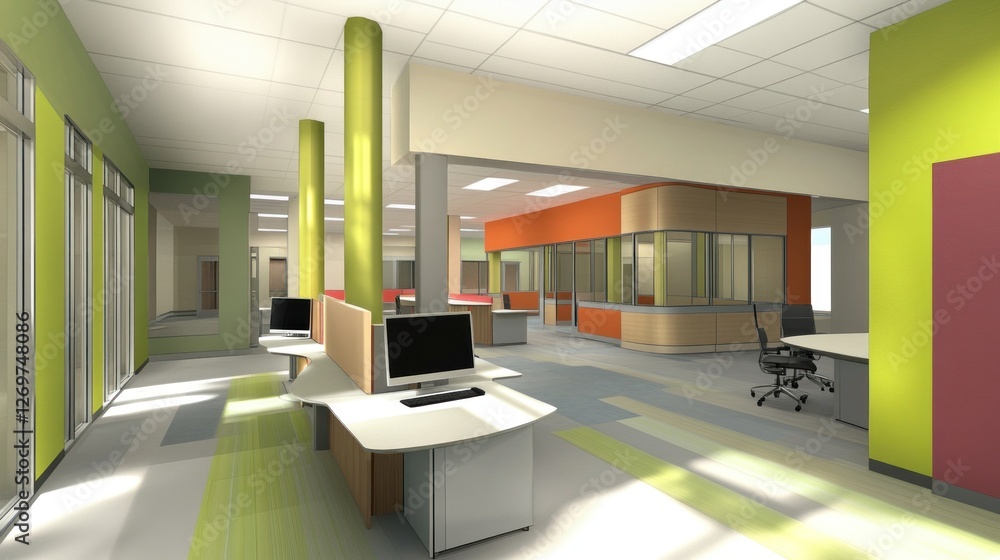 Aufkleber bright modern office space features columns desks and cubicles