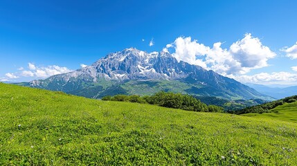 Fototapeta premium Majestic rocky mountain peak rises above a lush green alpine meadow under a bright blue sky with white clouds.