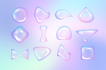 Set of realistic gradient bubble vector. Holographic glass bubble design with different shapes, vibrant gradient mesh on transparent background.