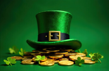 Leprechaun hat on green background. Golden coins, St. Patrick's Day, luck symbol