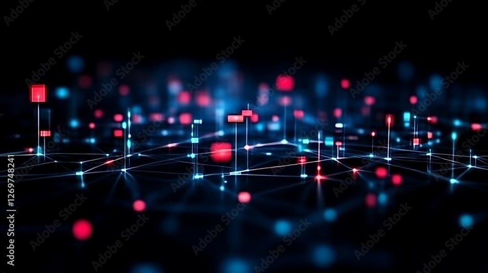 Poster interconnected network visualization with glowing nodes and data points