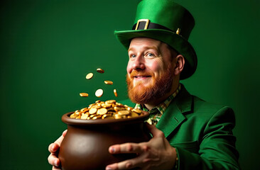 Leprechaun man  with red hair and red beard in green hat holds a pot with golden coins, green background, St.Patrick Day, symbol of luck