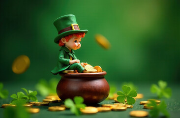 Cartoon leprechaun in green hat sits on pot with golden coins. Cartoon doll with red hair, clover and coins around, green background, St.Patrick Day, symbol of luck