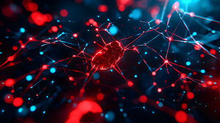 Abstract Red and Blue Network of Connected Dots and Lines on Dark Background