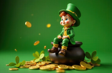 Cartoon leprechaun in green hat sits on pot with golden coins. Cartoon child doll with red hair, clover and coins around, green background, St.Patrick Day, symbol of luck