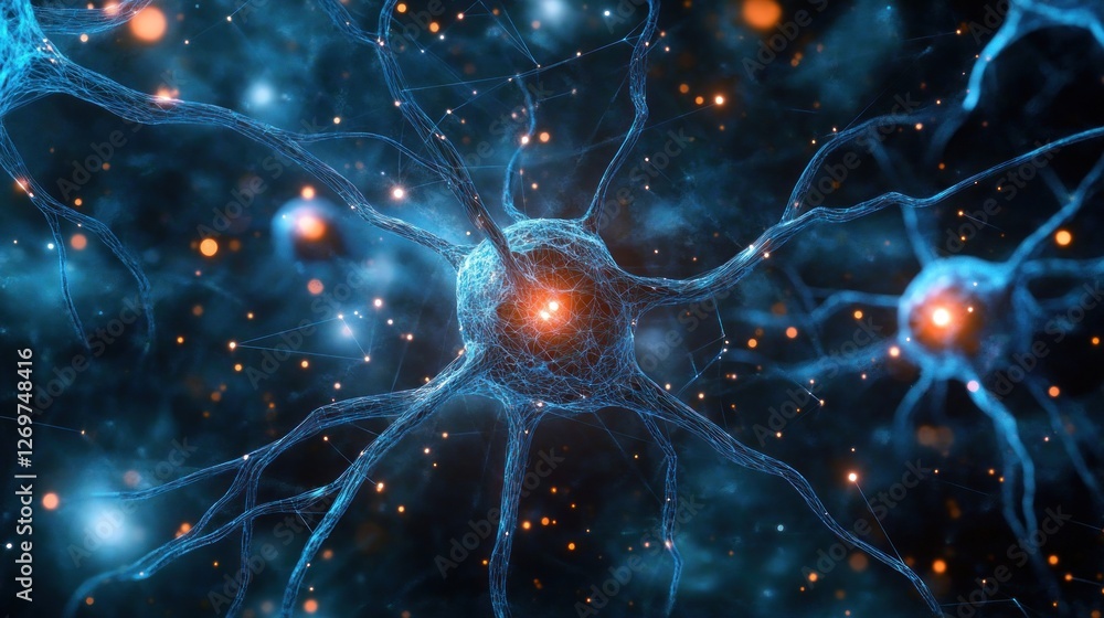 Poster neural network visualization: interconnected neurons in a digital brainscape