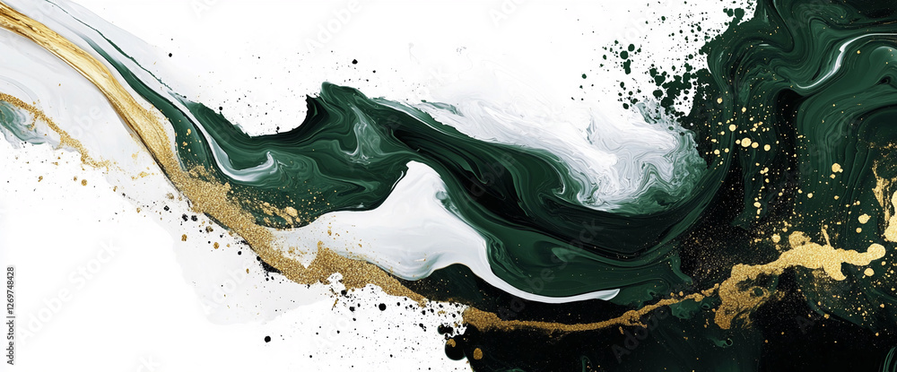 Fototapete Abstract fluid art composition with a mix of green, white, and gold paint splashes, creating a dynamic and elegant visual with splatters, representing movement and luxury.
