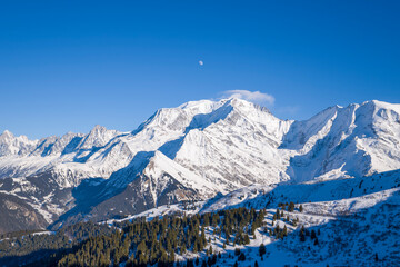 The Mont Blanc massif in Europe, France, Auvergne Rhone Alpes, Haute Savoie, Chamonix, in summer, on a sunny day.