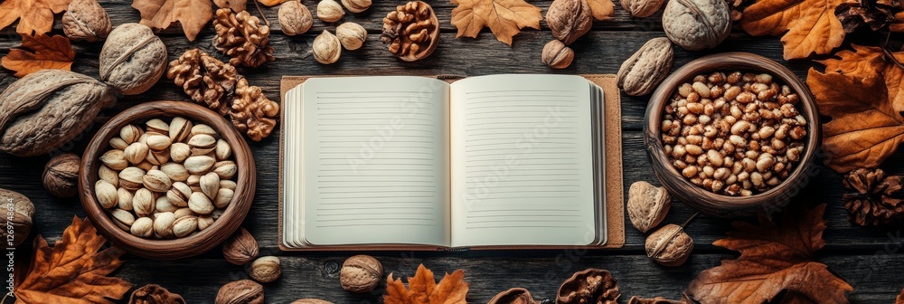 Aufkleber autumn cookbook mockup. open notepad with vegan snacks on a rustic desk, styled with fall leaves