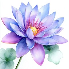 Watercolor painting of a purple lotus, water lily flower on white background for art and decor