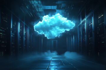 A cloud symbol floating above rows of high-end server cabinet