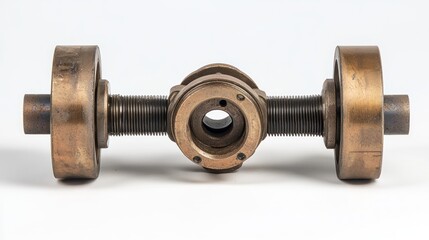 Fototapeta premium Bronze industrial component with dual wheels and central shaft
