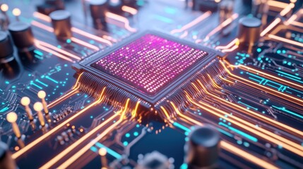 Obraz premium Extreme close up of a high tech data processing chip, carbon nanotube connectors glowing with animated binary code, streams of bright neon numbers flowing