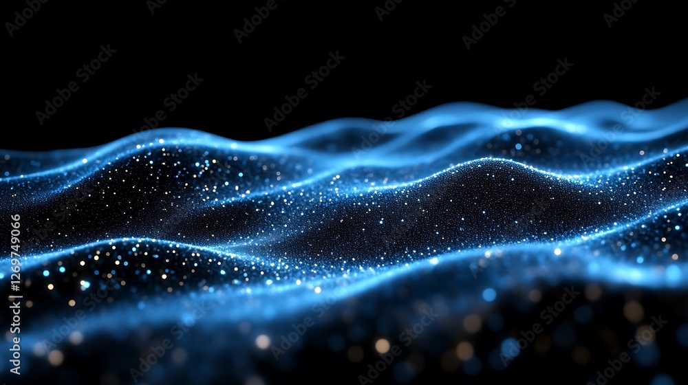 Poster shimmering blue data stream, dynamic light waveforms on a dark backdrop