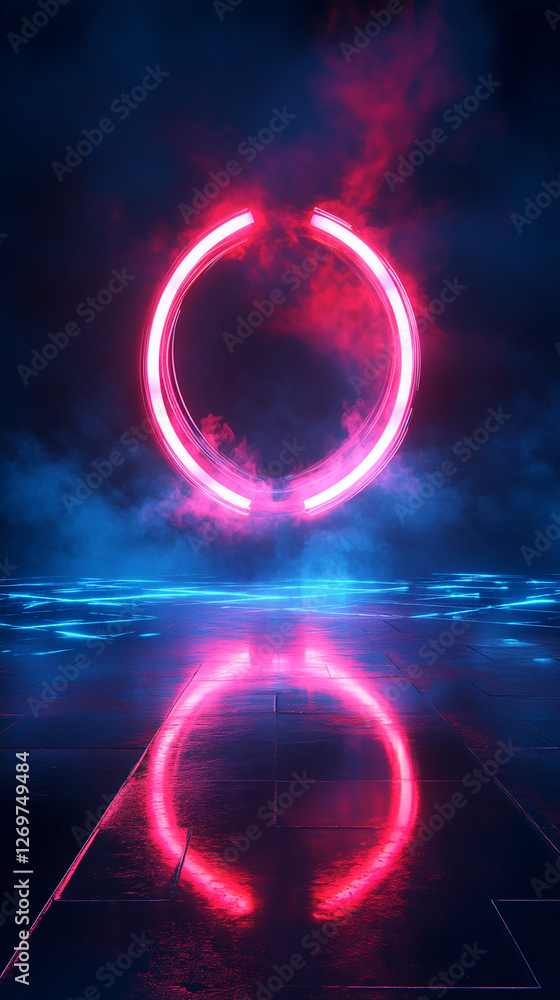 Poster neon glowing rings suspended in a foggy environment with a reflective floor, creating a futuristic, 