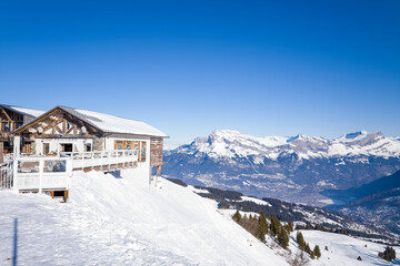 The chalet above Passy and Chamonix in Europe, France, Auvergne Rhone Alpes, Haute Savoie, Chamonix, in summer, on a sunny day.
