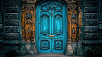 Ornate blue door, stone building, city, architectural detail, design