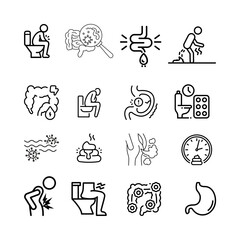 Stomach disease symptoms flat line icons set. Abdominal pain, appendicitis, heartburn, cramps, diarrhea vector illustration