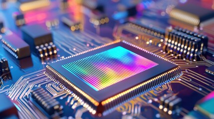 Obraz premium Macro shot of a high tech laser chip emitting holographic rainbow light, ultra detailed nanostructures reflecting energy waves, futuristic prismatic reflections