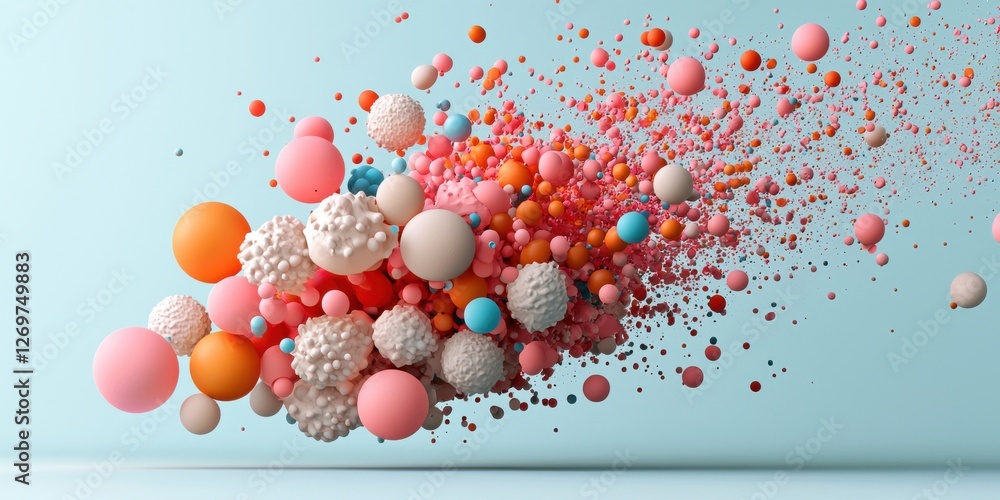 Poster flavorful bite-sized candy. colorful spheres in motion create a dynamic, abstract visual effect agai