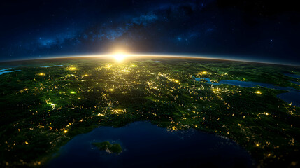 Obraz premium Aerial View of Earth at Night with City Lights and Stars in Dark Blue Sky