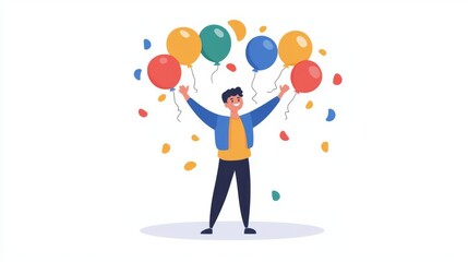 A joyful person celebrating with colorful balloons and confetti in a festive atmosphere.