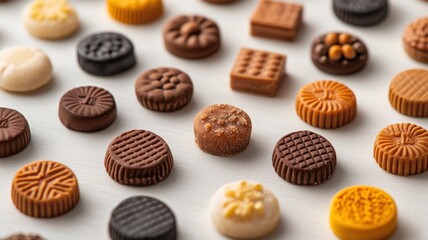 Fototapeta premium Flavorful bite-sized candy. Colorful assortment of chocolate candies arranged neatly on a surface.