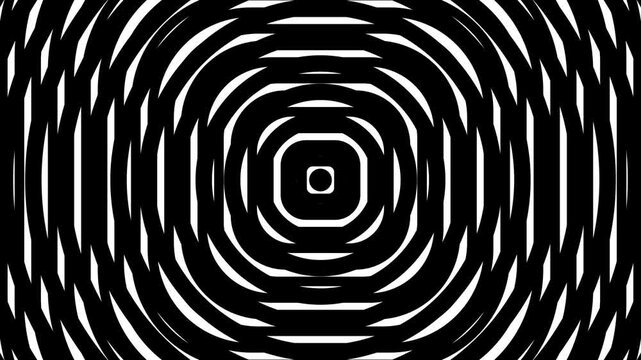 Psychedelic circular tunnel striped circles black and white rotating, radiant stripes 3d animation, optical illusion loop footage abstract background for vj, dj, template, meditation, intro video
