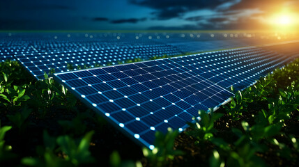 Aerial View of Solar Panel Array on Farm Field at Sunset Generating Clean Renewable Energy